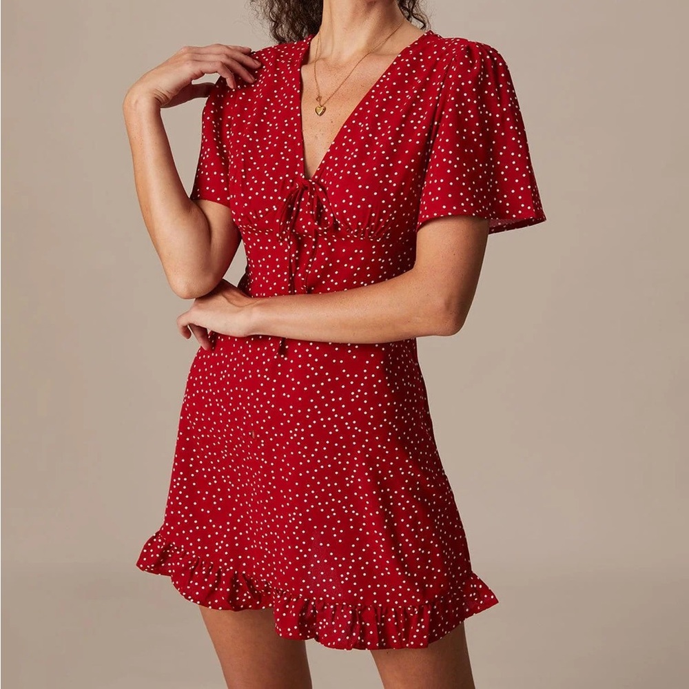 Rihoas Red V Neck Polka Dot Flounce Mini Dress - Picture 4 of 6